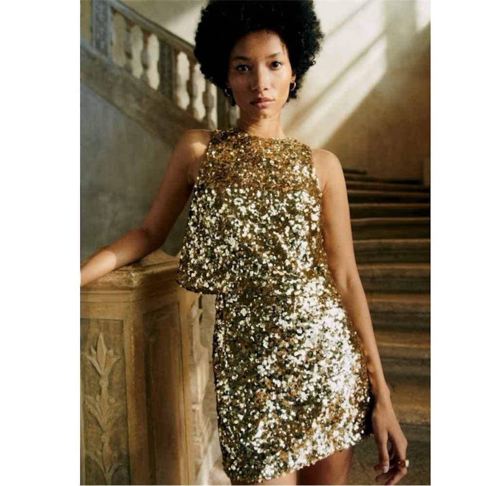 Sezane Malia Mini Gold Sequin Skirt Size 6